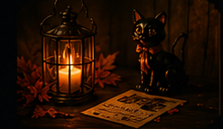 Lantern candle and black cat figurine on a wooden table with a postcard