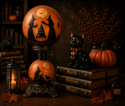 Vintage Halloween Witch Black Cats Gone w/the Wind 3-Way 20" Lamp